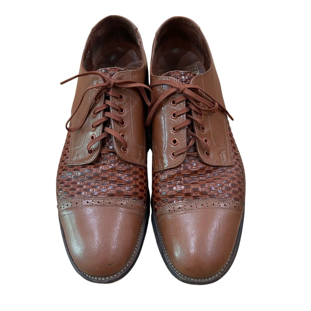 Stacy Adams Brown Leather Woven Cap Toe Oxfords Mens 9D Dress Shoes Vintage -